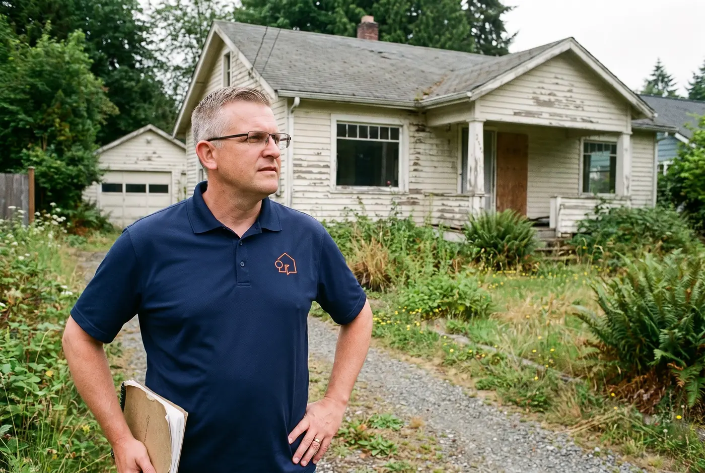 Illustration: Jason Bryant with a notebook outside an older house that needs work