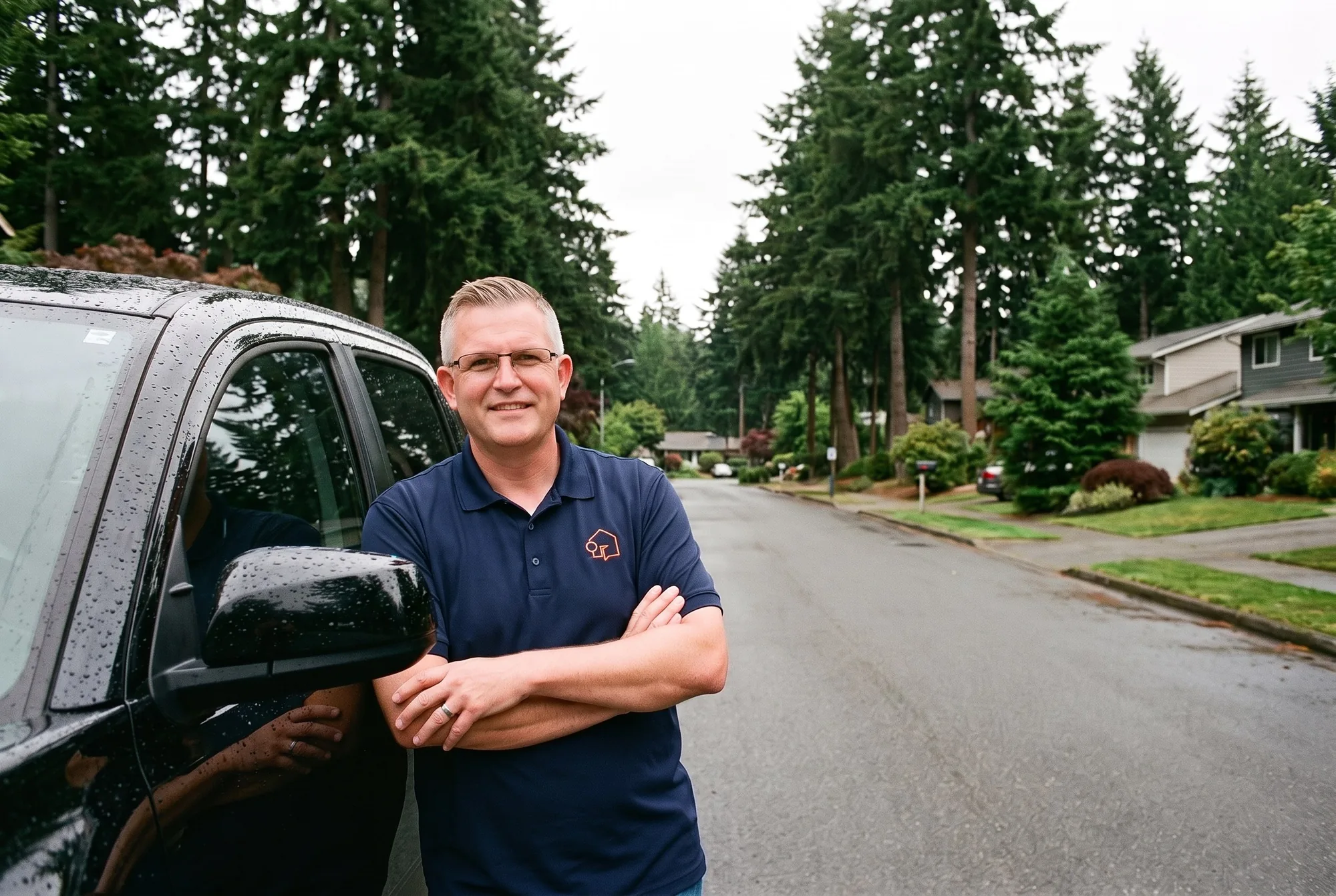 Illustration: Jason Bryant leaning on a black pickup truck, arms folded, on a quiet street