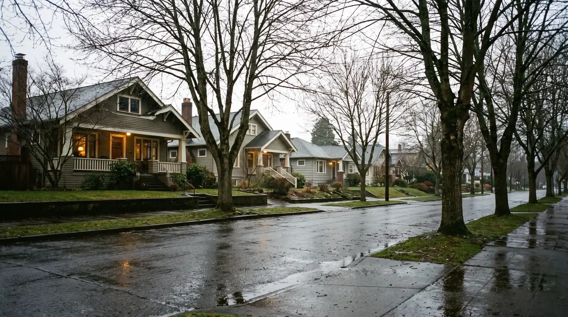 Illustration: the same Seattle street of older houses shown in winter rain and in spring sun