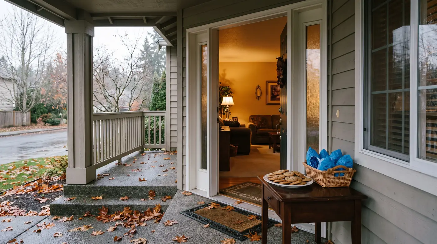 Illustration: the porch of an open house nobody came to, a full plate of cookies and a basket of unused shoe covers by the open door