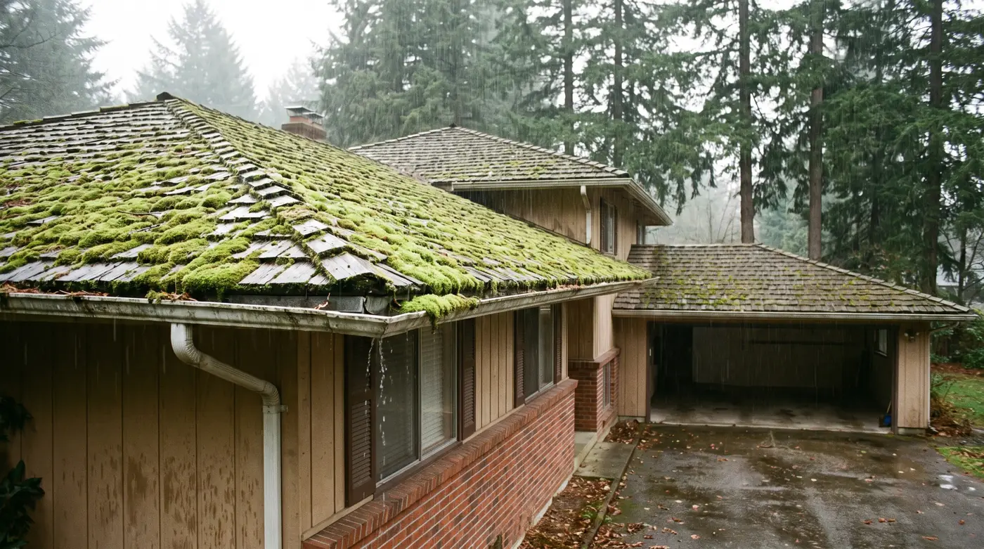 Illustration: a moss-covered roof on a 1970s split-level house in the rain