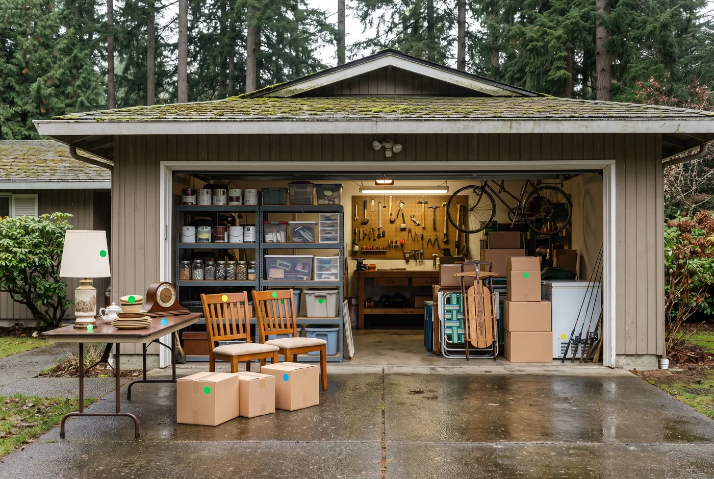 Illustration: the open garage of an older rambler packed with shelves, tools and boxes, a folding table of sorted dishes, a lamp and a clock on the wet driveway