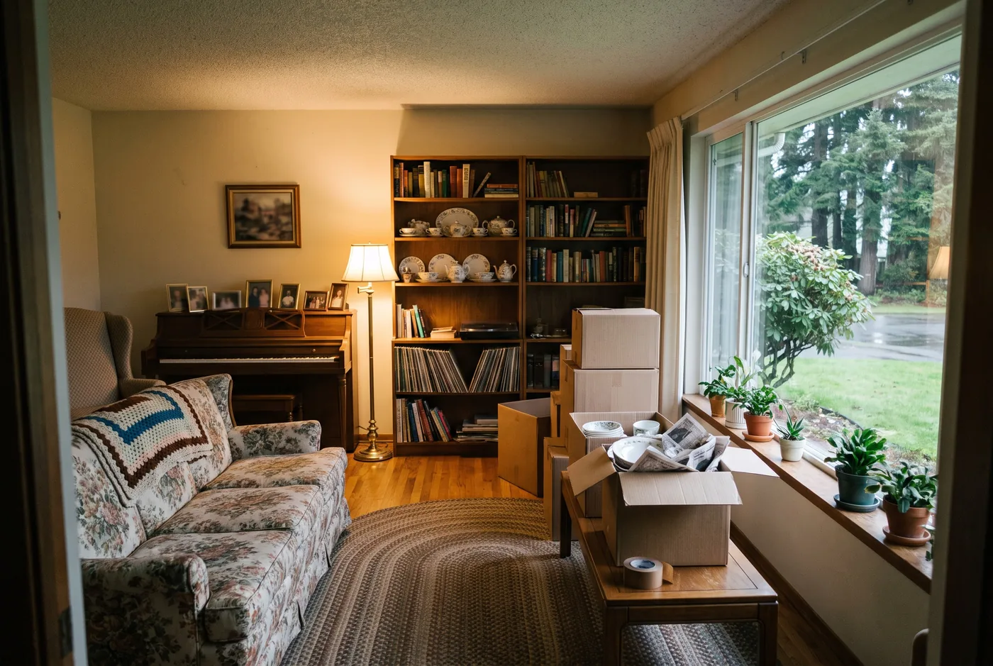 Illustration: the living room of a long-held house full of furniture, books and china, a few boxes packed by the window, before the family decides whether to sell the house as-is with the contents
