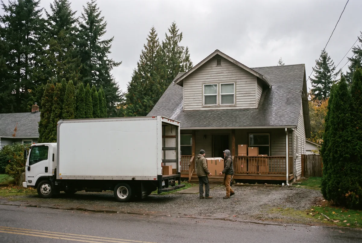 Illustration: a small moving truck in front of a modest house on moving day