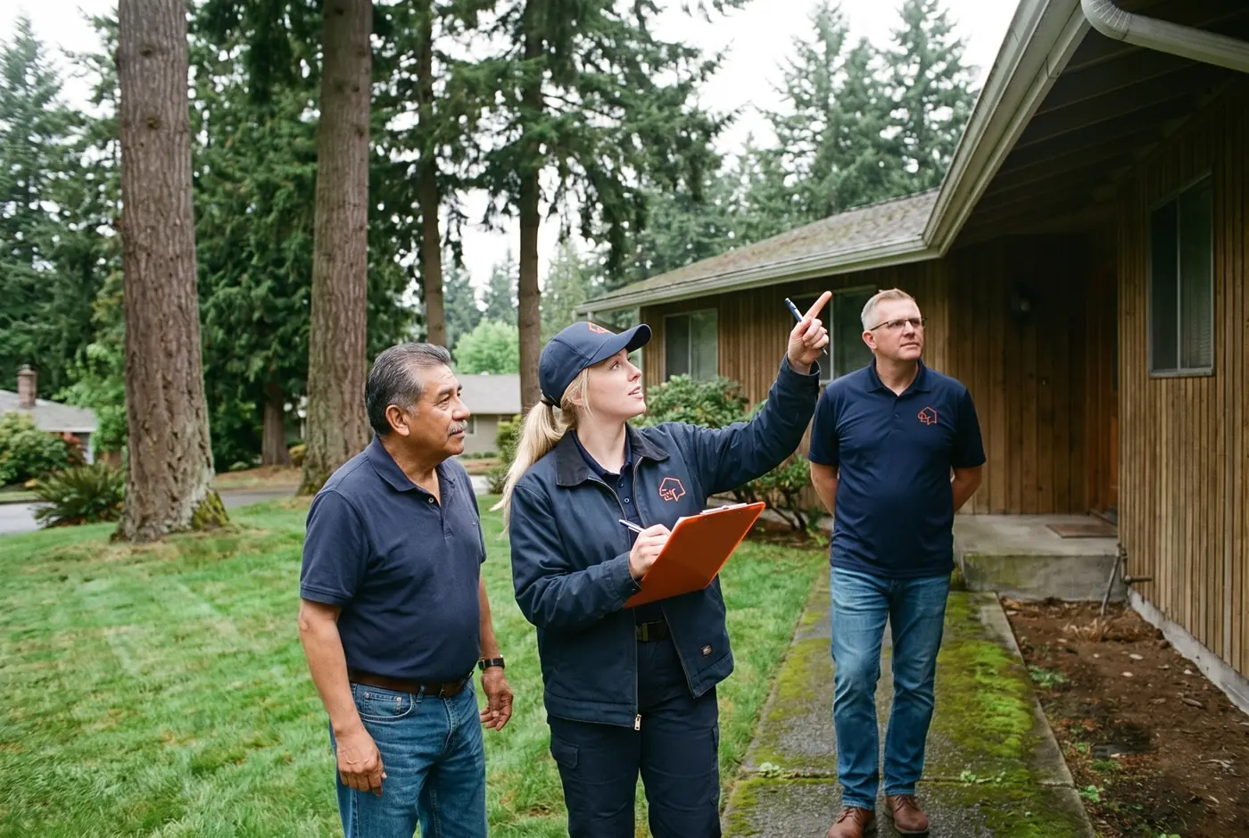 Illustration: a crew lead pointing at a roofline while Jason Bryant and the owner look on
