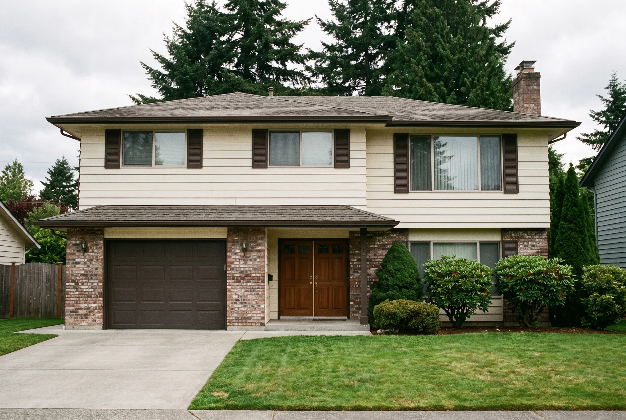 Illustration: a two-story split-entry house with a brick lower level and an empty driveway