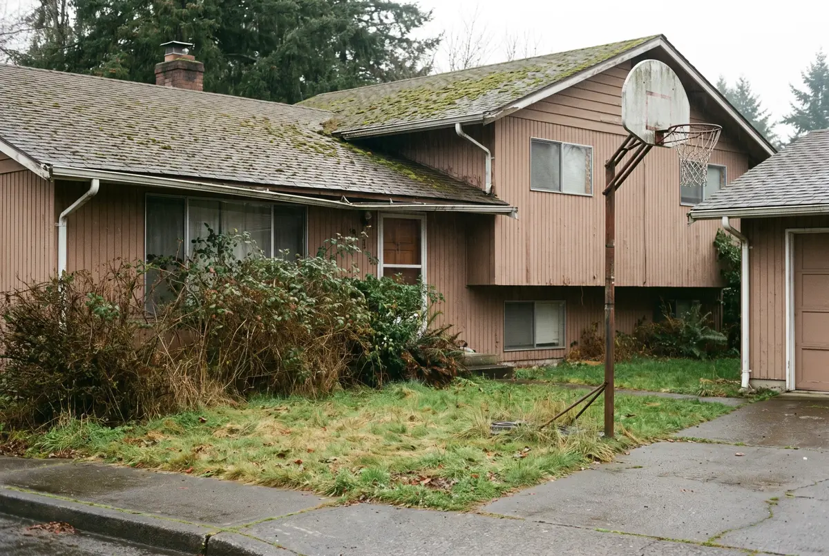 Illustration: the same split-level house with moss on the roof and an overgrown yard