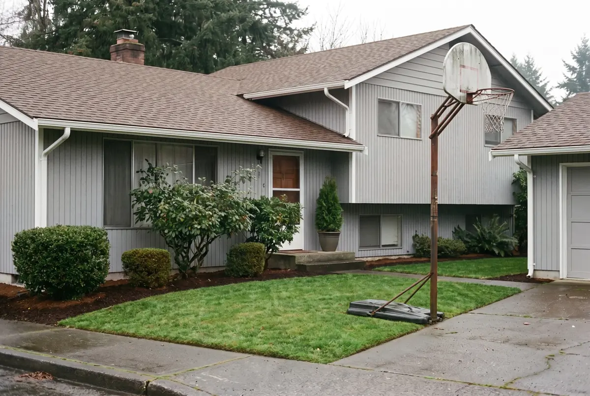 Illustration: a split-level house freshly painted gray with a trimmed yard, ready to list