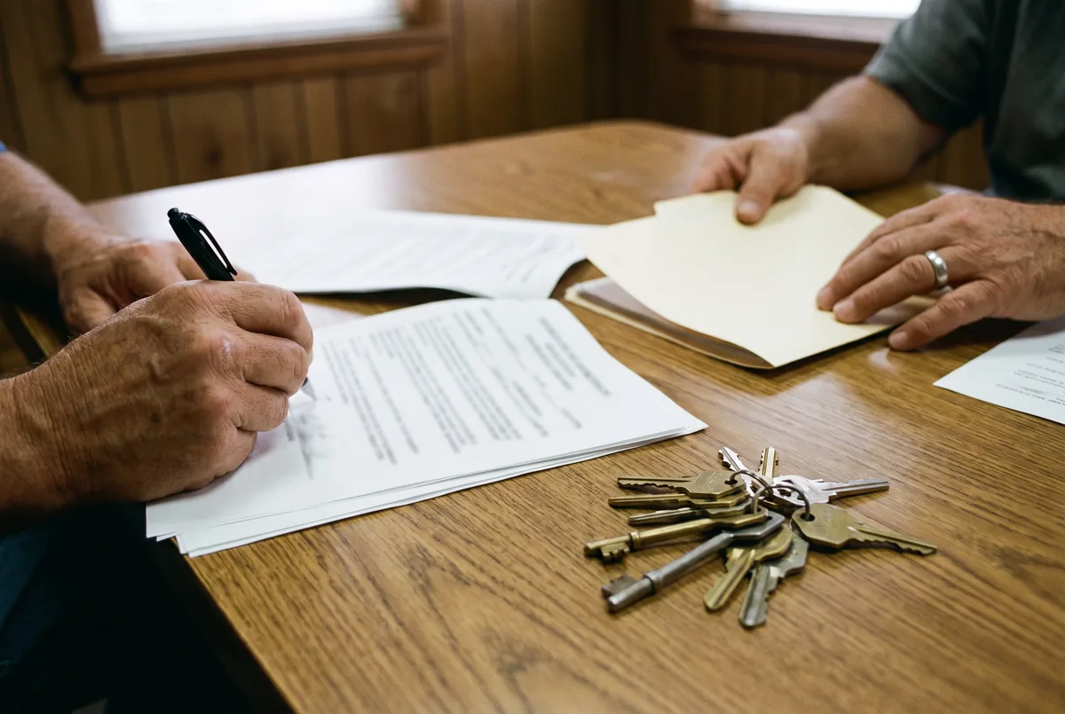 Illustration: hands signing closing papers at a title company table with a set of house keys