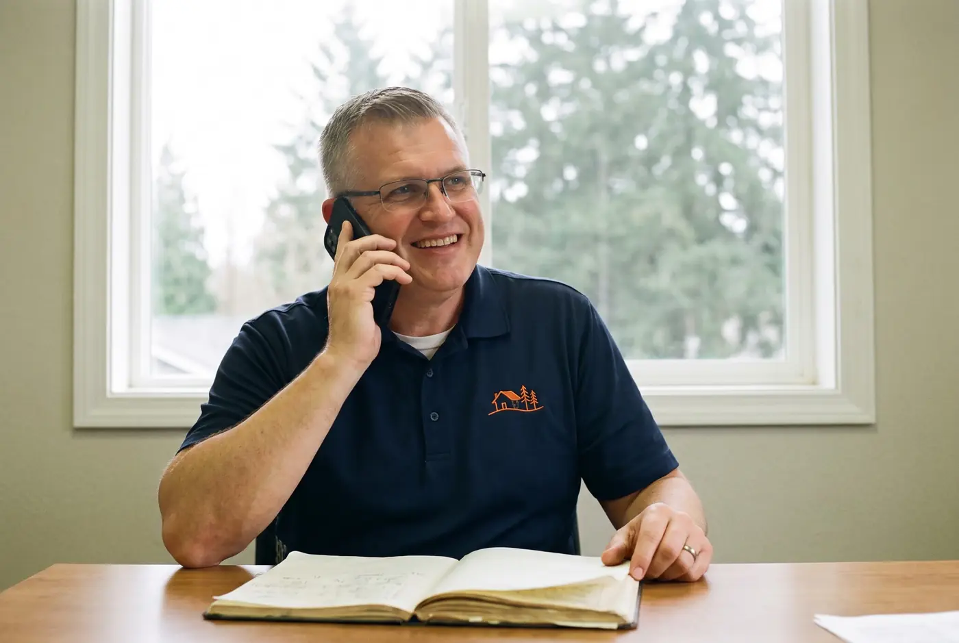Illustration: Jason Bryant on a phone call at a kitchen table with a notepad