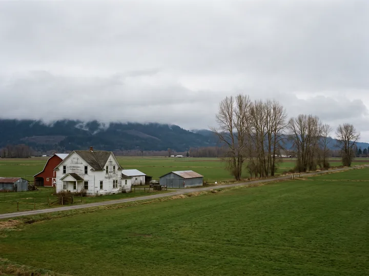 Illustration: a white farmhouse and red barn beside flat green fields in the Skagit Valley