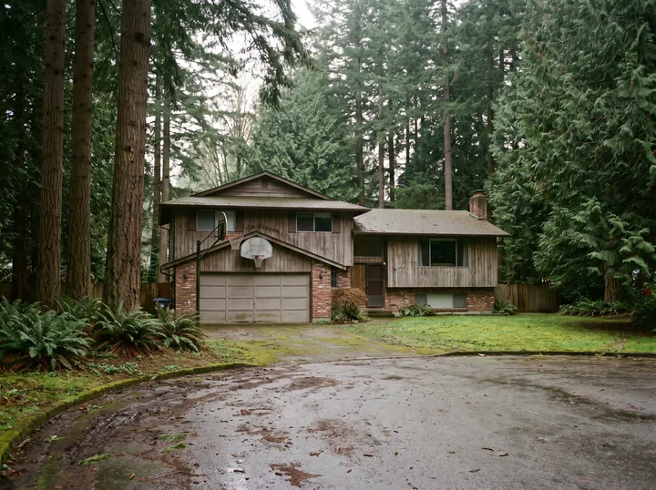 Illustration: a 1970s split-level house under tall Douglas firs at the end of a cul-de-sac