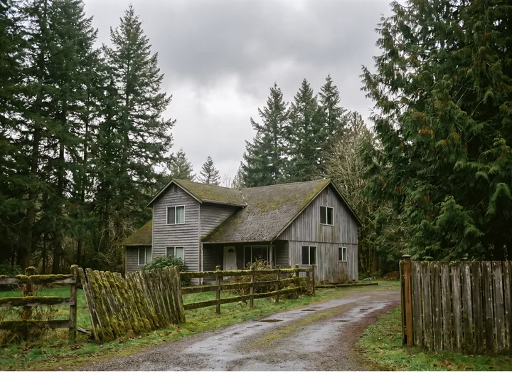 Illustration: a gray two-story house on a wooded lot near Olympia with a mossy fence