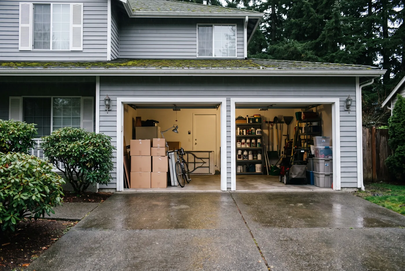 Illustration: an open two-car garage split down the middle, one bay boxed up with a bike and a folded table, the other still full of tools and storage bins