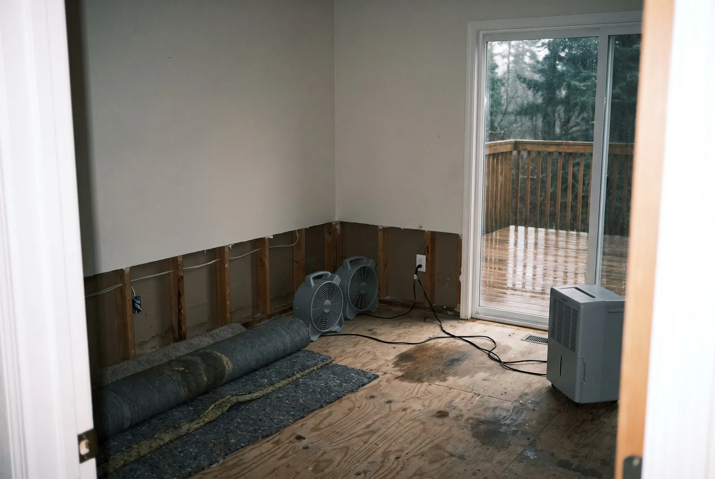 Illustration: a family room drying out after a burst pipe, the lower drywall cut away and fans running, the kind of water damage a house can still sell with