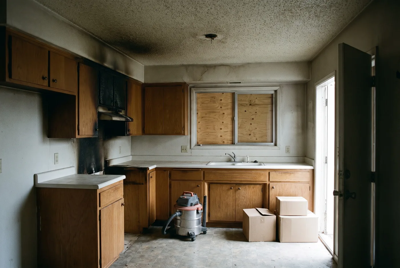 Illustration: a kitchen weeks after a stovetop fire, the cabinets beside the range charred and smoke staining the ceiling