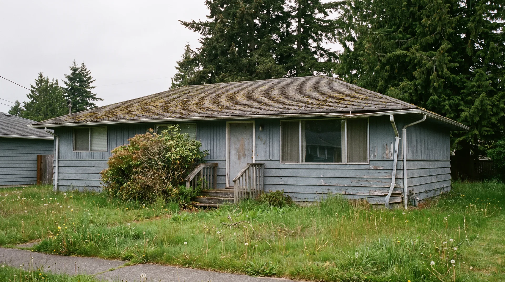 Illustration: a tired single-story house with peeling blue-gray paint, a sagging gutter and an overgrown yard