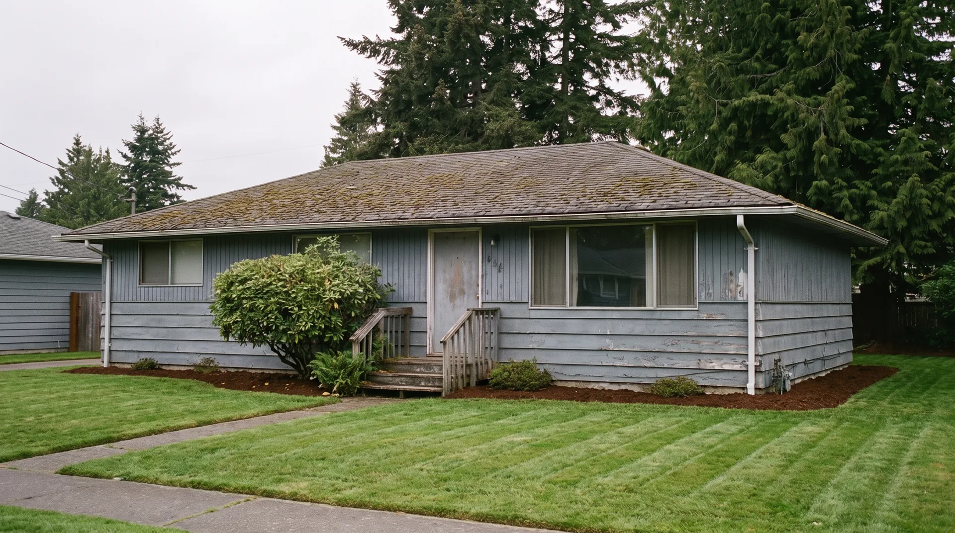 Illustration: the same house with the lawn mowed, beds mulched and the gutter reattached