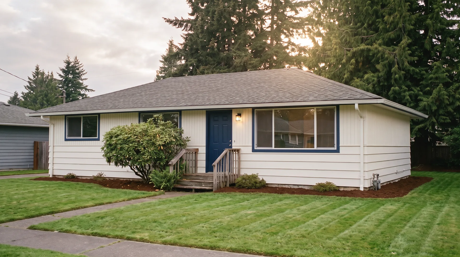 Illustration: the same house freshly painted white with navy trim