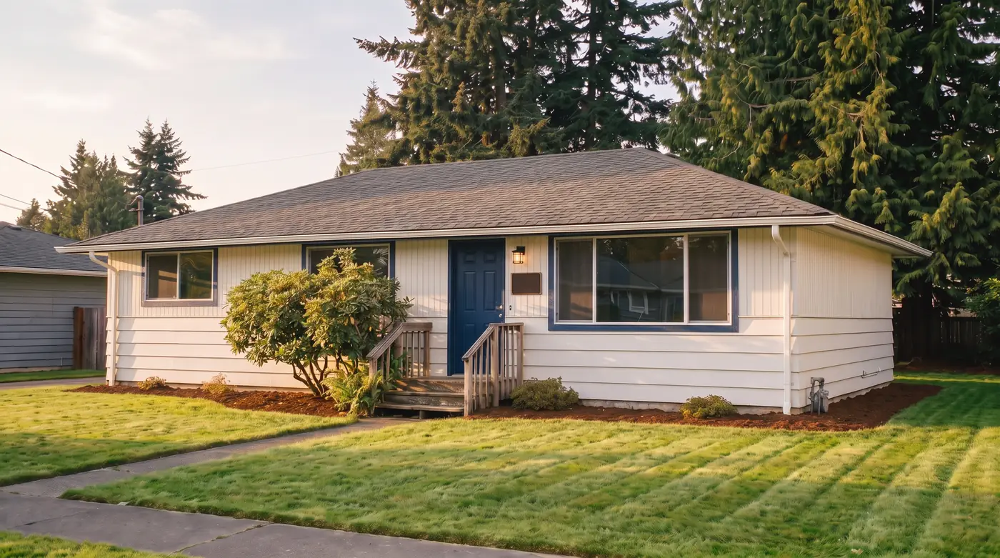 We buy houses in Seattle and the Puget Sound. Illustration: a white single-story house with a navy front door, a brass lamp and tall evergreens behind it in late afternoon light