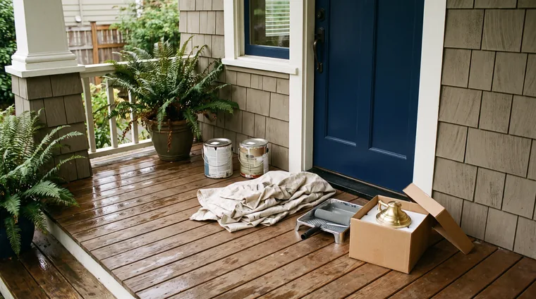 Illustration: paint cans, a drop cloth and a new porch light in its box beside a freshly painted navy front door