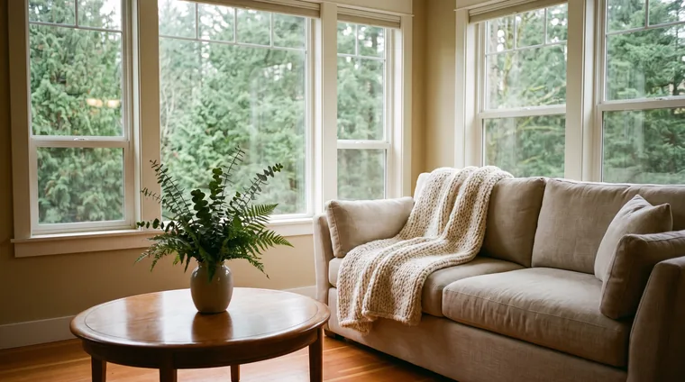 Illustration: a bright, staged craftsman living room with tall windows onto evergreens