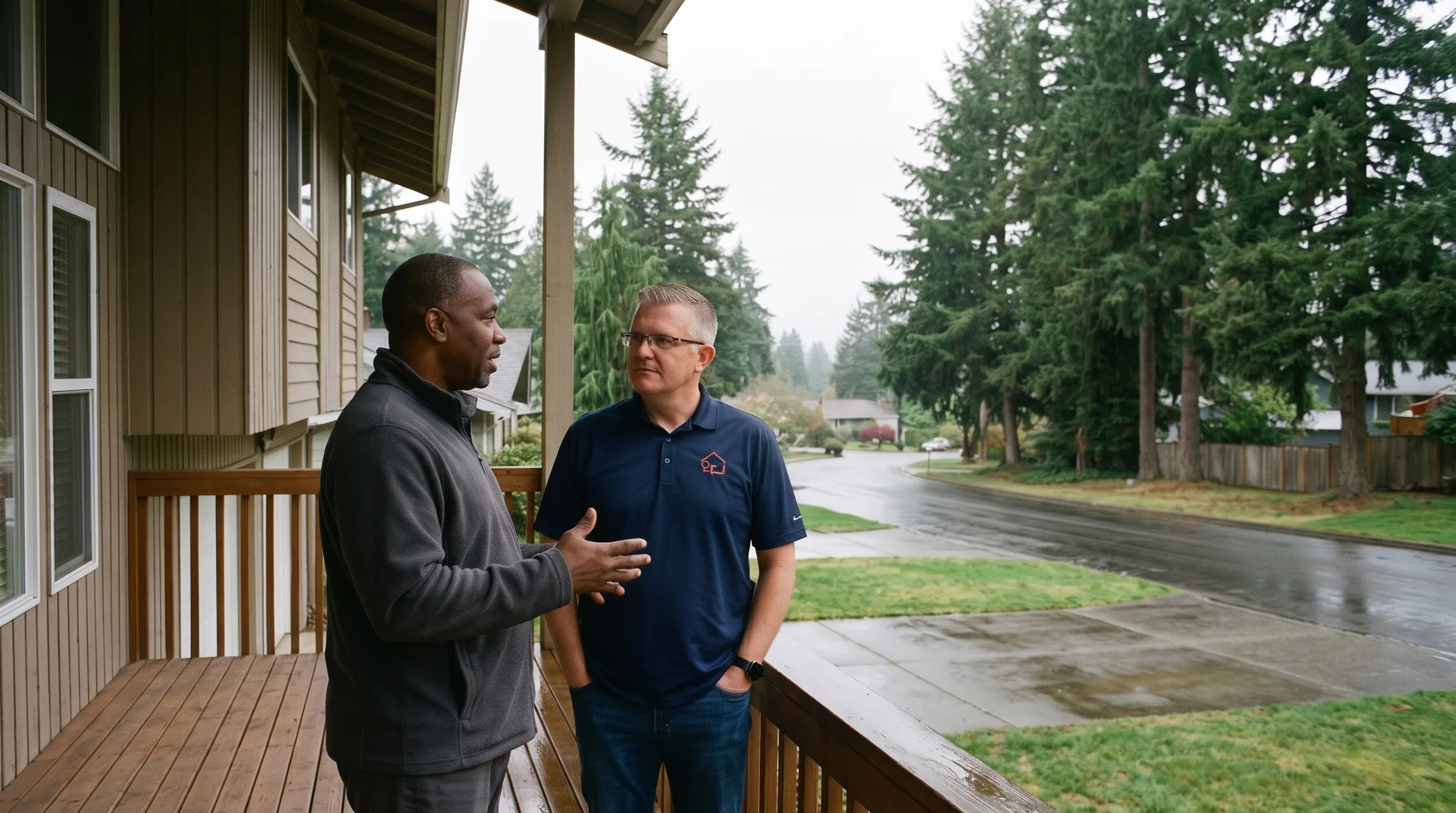 Illustration: Jason Bryant talking with a homeowner on a wet front porch, the empty street beyond