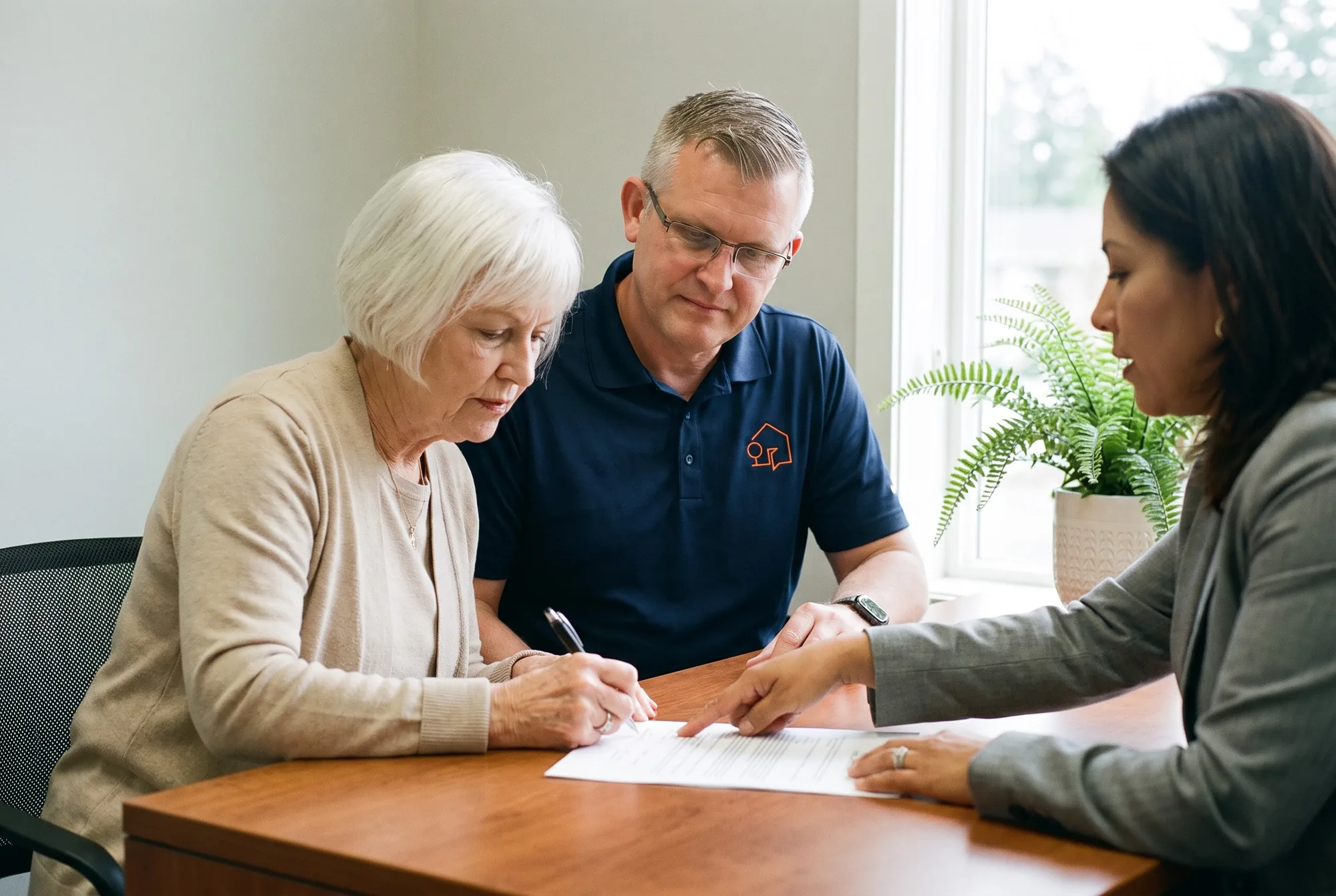 Illustration: a seller signing closing papers with Jason Bryant and an escrow officer at a title office