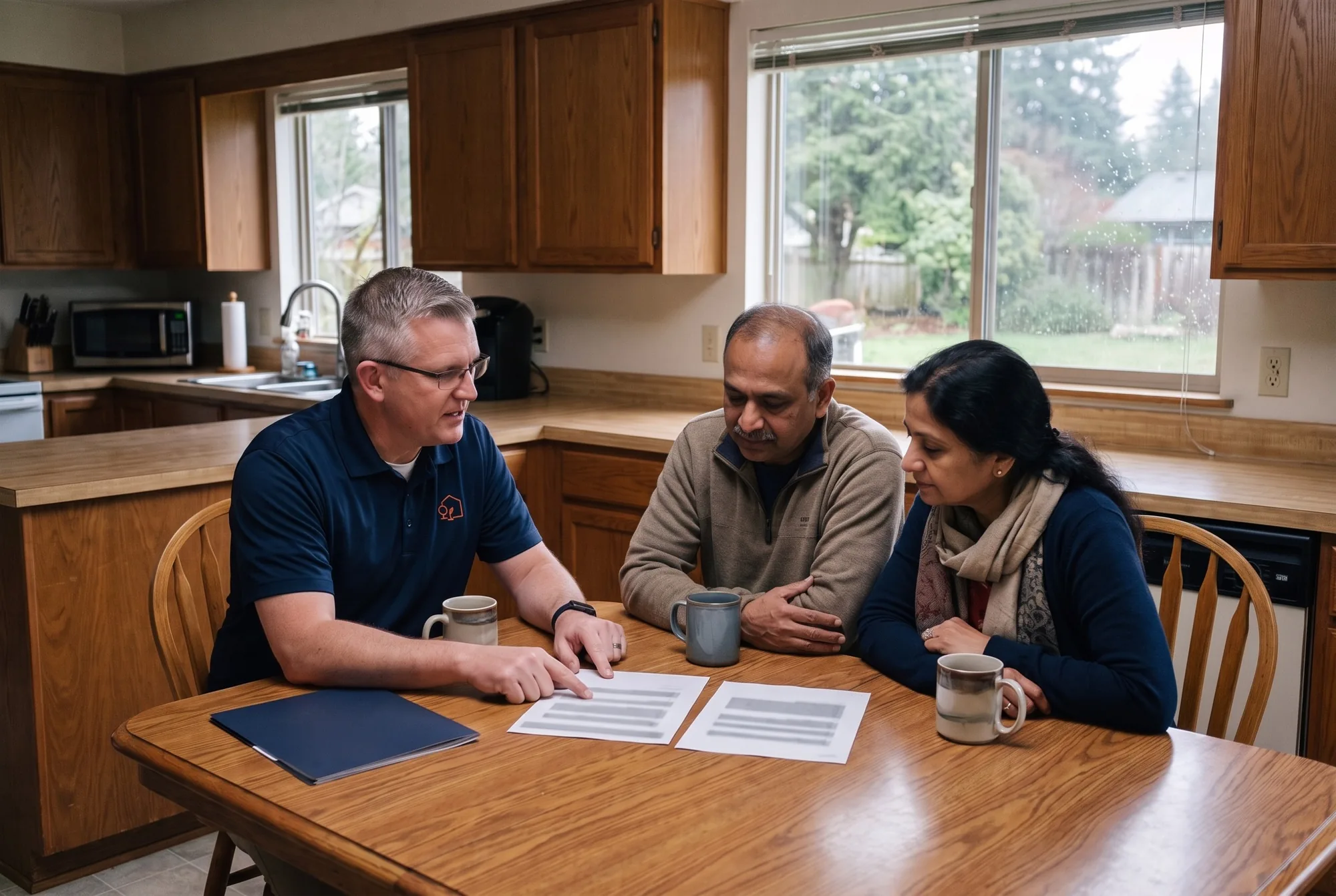 Illustration: Jason Bryant going over two written offers with a couple at their kitchen table