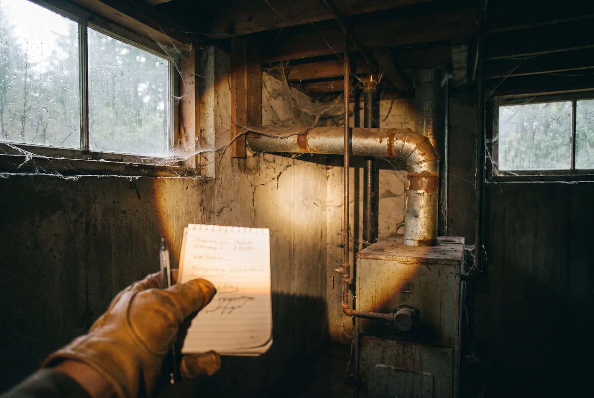 Illustration: a flashlight on an old furnace and ductwork in an unfinished basement during a walkthrough