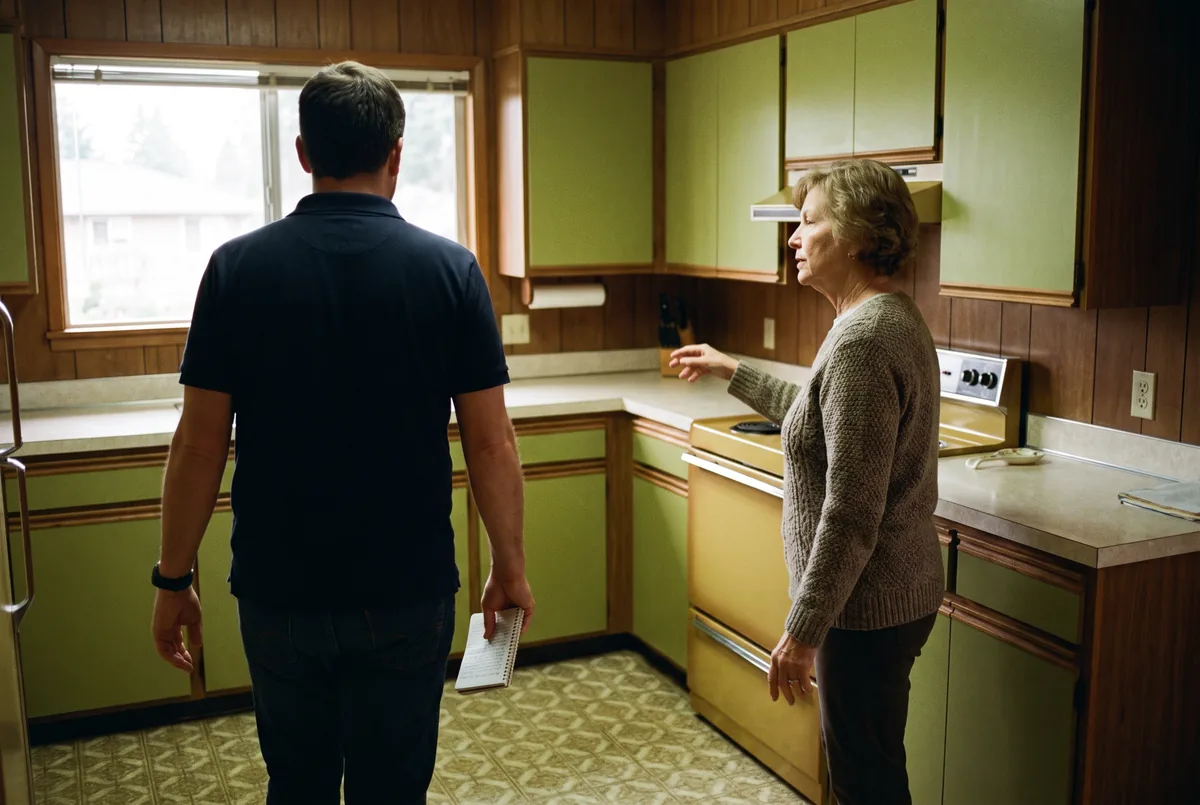Illustration: a man in a navy polo, seen from behind, walking through a dated kitchen with the homeowner