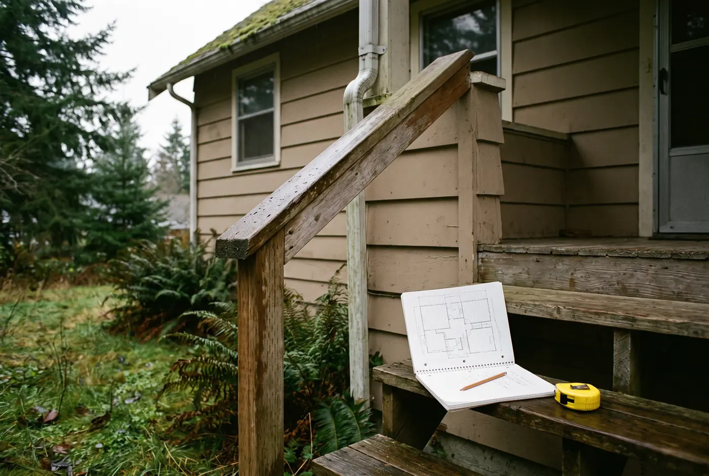 Illustration: a notebook with a rough floor-plan sketch, a pencil and a tape measure on the front steps of an older house