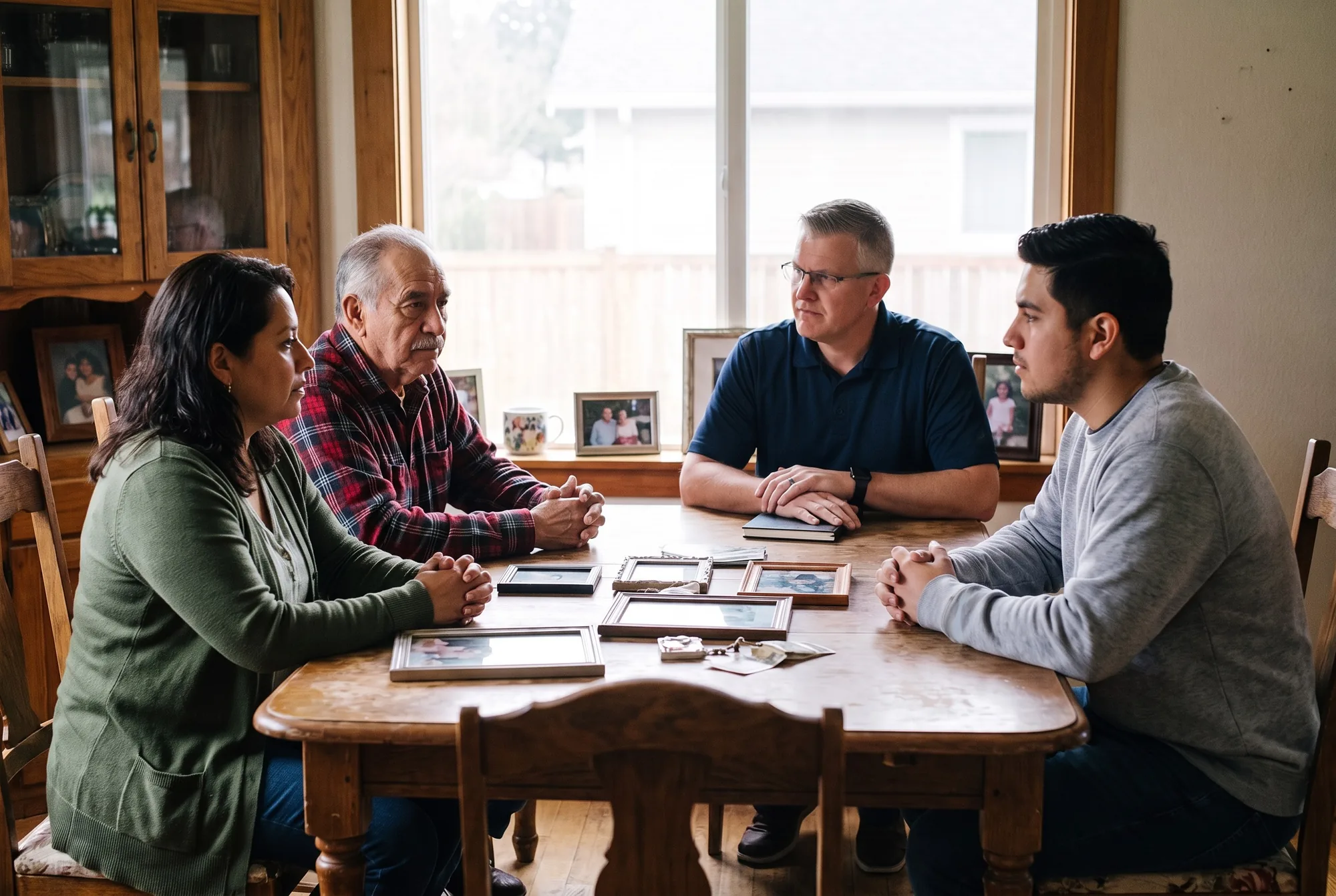 Illustration: a family sorting a parent's belongings at a dining table as they prepare to sell an inherited house