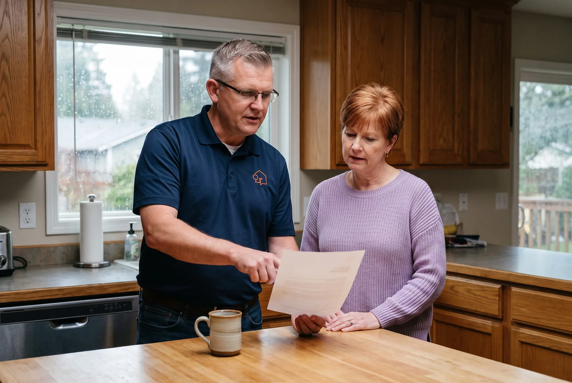 Illustration: Jason Bryant goes over a county letter with a homeowner at her kitchen counter, the kind of paper that can mean a lien on a house