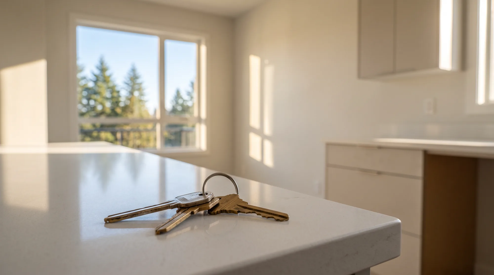 Illustration: a set of house keys on a kitchen counter in soft morning light