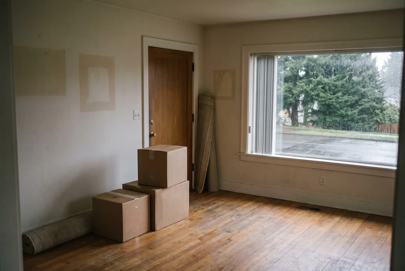 Illustration: an emptied front room on moving day, boxes by the door and rain on the window, as the owners sell a house fast for a relocation