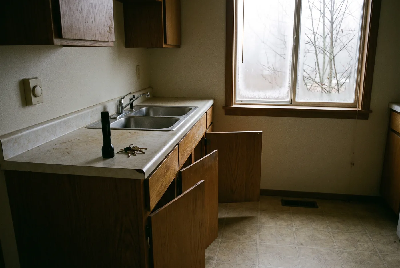 Illustration: the kitchen of an empty house in winter, the cabinet doors under the sink propped open and keys on the counter