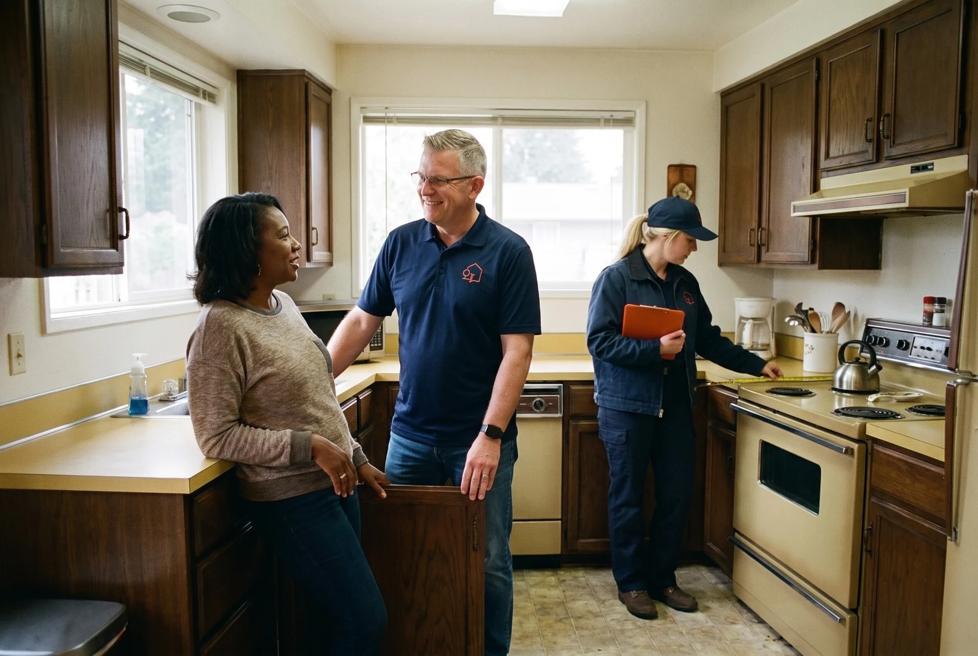 Illustration: Jason Bryant and a homeowner in a dated 1970s kitchen while a crew lead measures