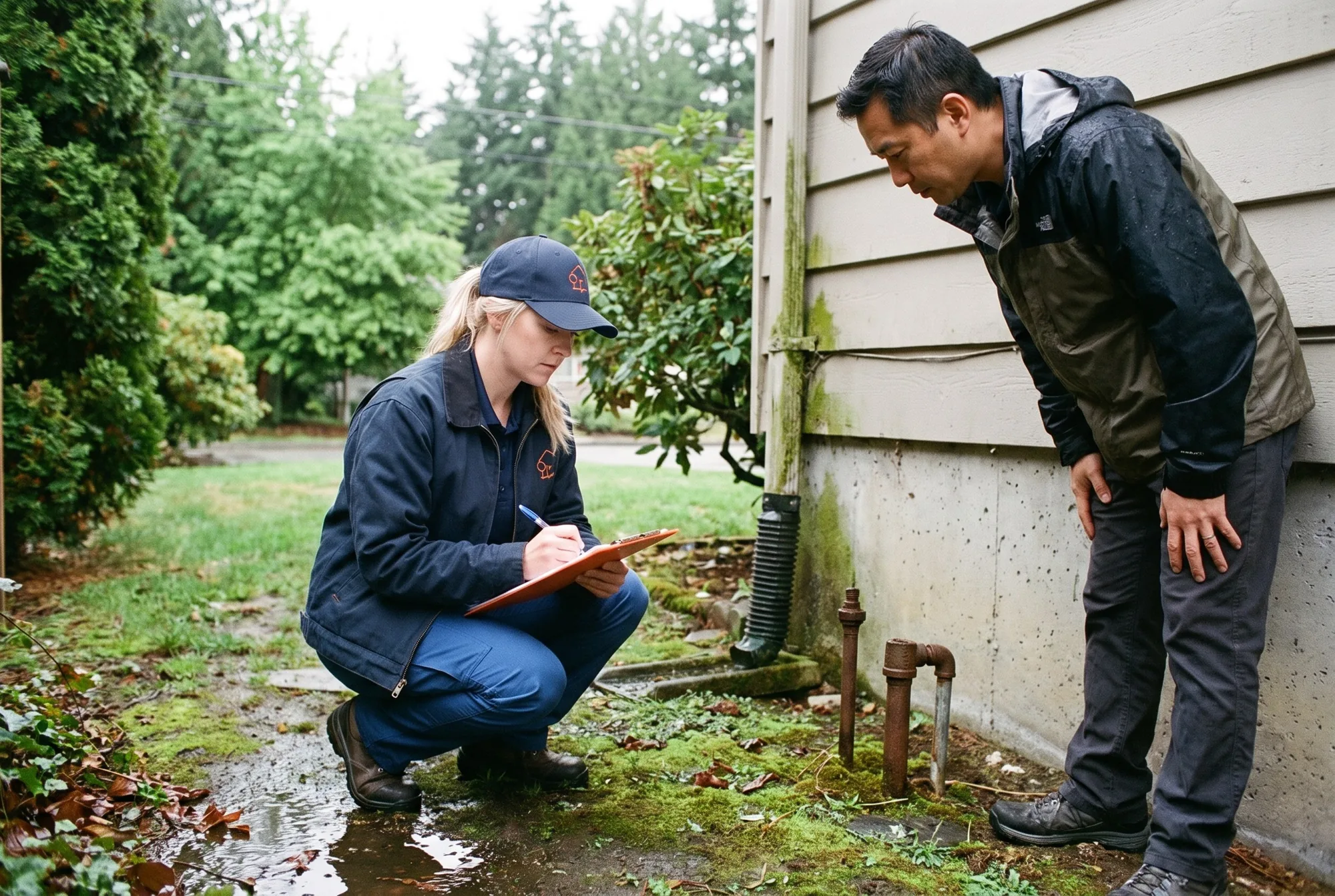 Illustration: a crew lead showing a homeowner the fill and vent pipes of an old heating-oil tank