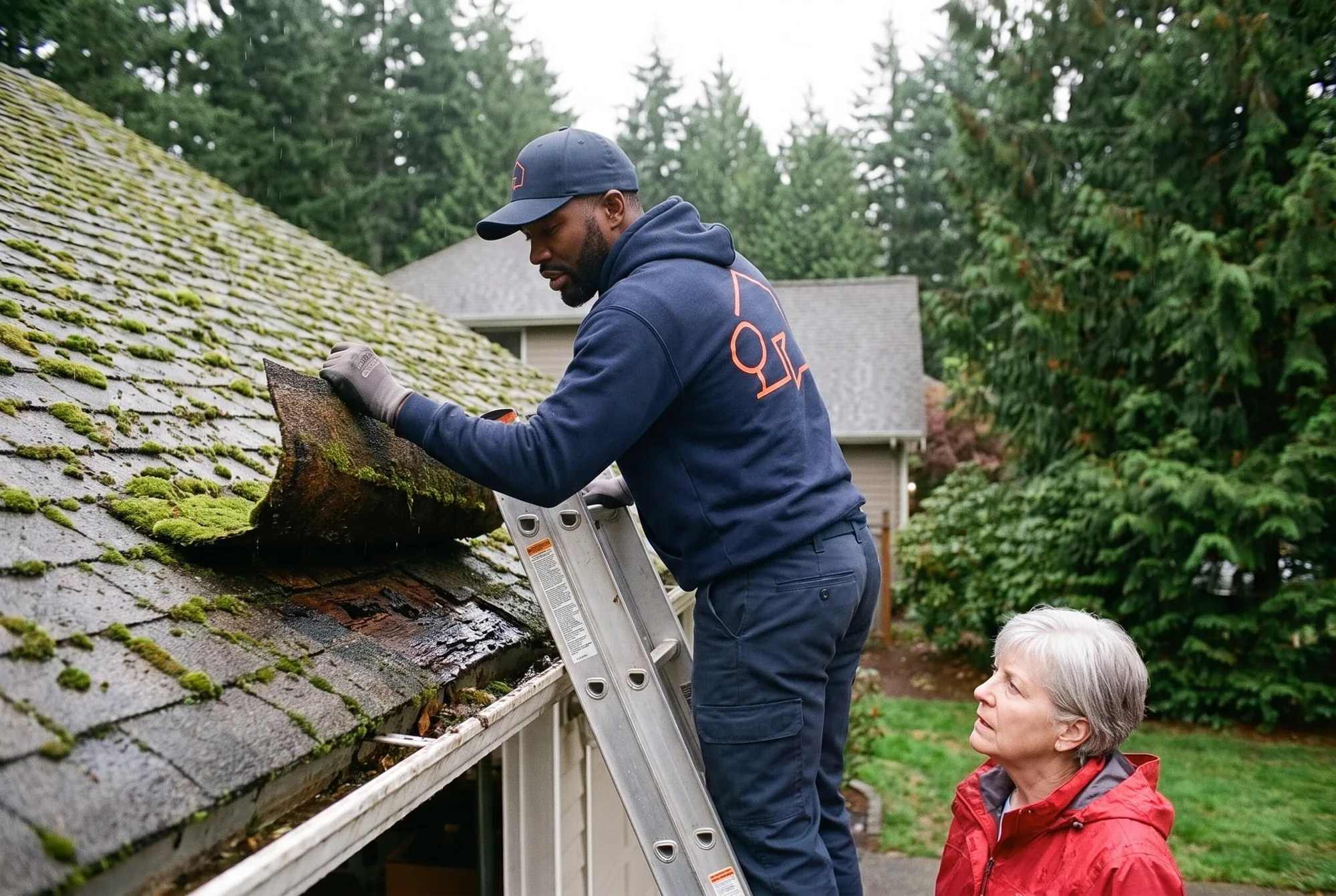 Illustration: a crew lead lifting a rotted, mossy shingle for a homeowner in a red rain jacket