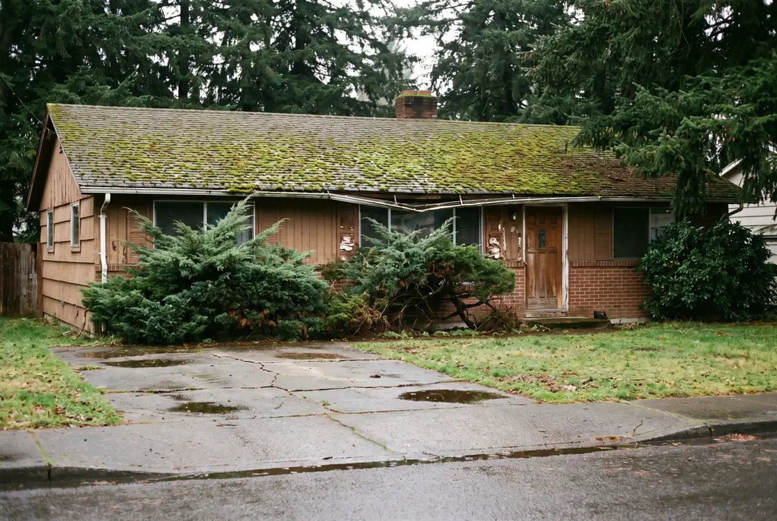 Illustration: a tired 1960s rambler with moss on the roof, overgrown junipers and a cracked driveway