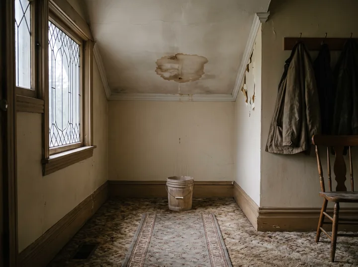Illustration: a bucket under a water-stained ceiling in a dated hallway