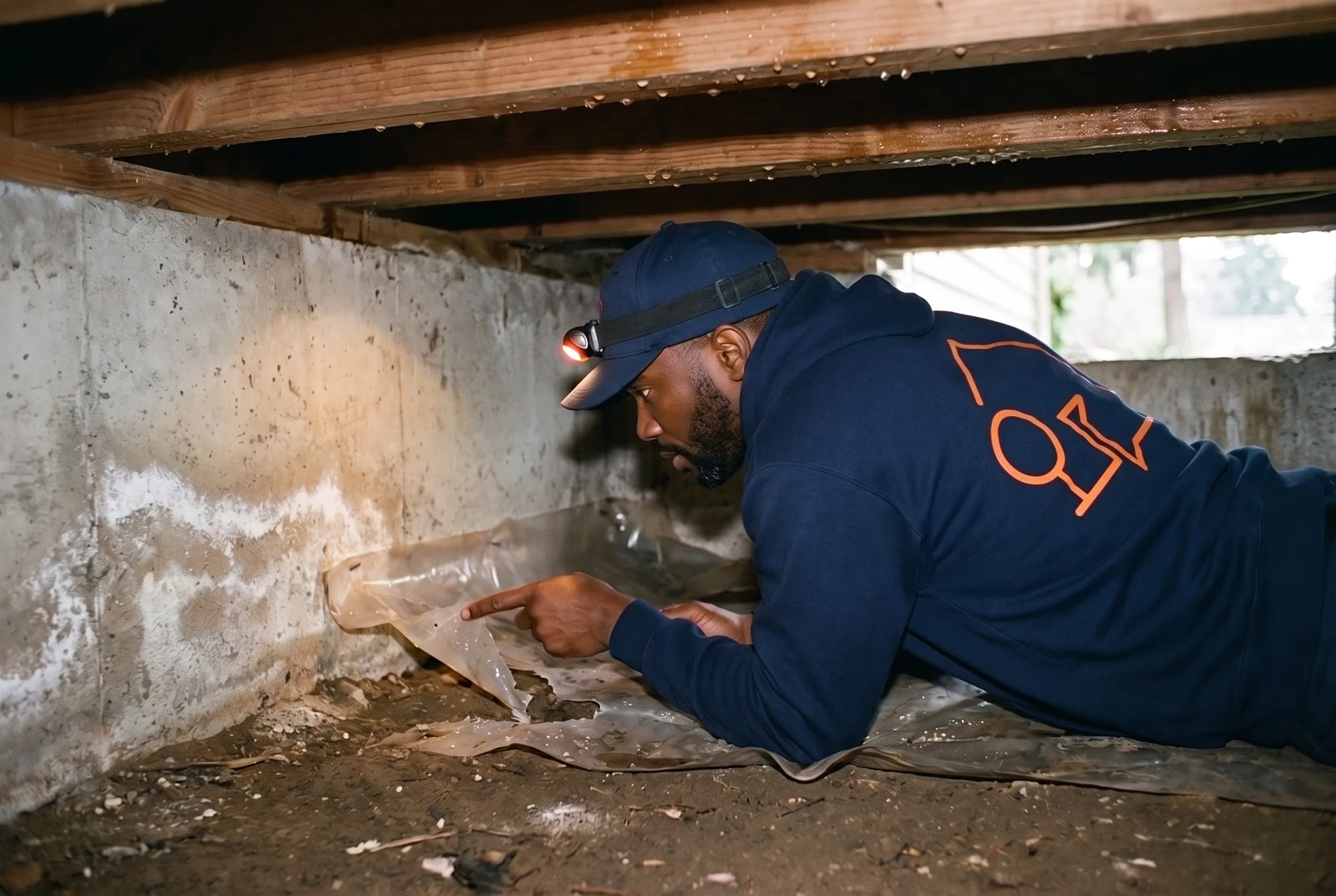 Illustration: a crew member checking a wet crawlspace with a torn vapor barrier