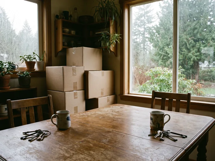 Illustration: two mugs and two sets of keys at opposite ends of a dining table