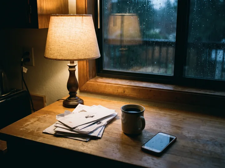 Illustration: opened letters and a phone on a kitchen counter on a rainy evening