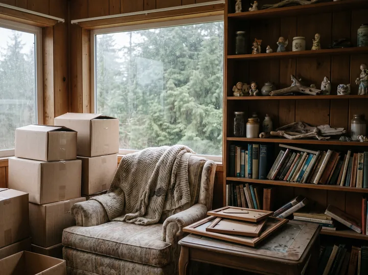 Illustration: a living room full of boxes, books and keepsakes in an older house