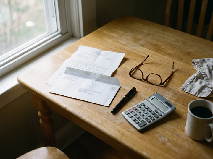 Illustration: a property tax statement, glasses and a calculator on a kitchen table