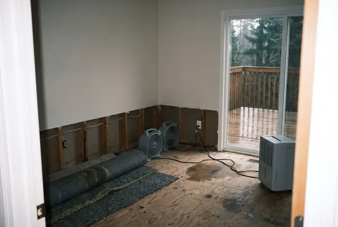 Illustration: a family room drying out after a burst pipe, the lower drywall cut away
