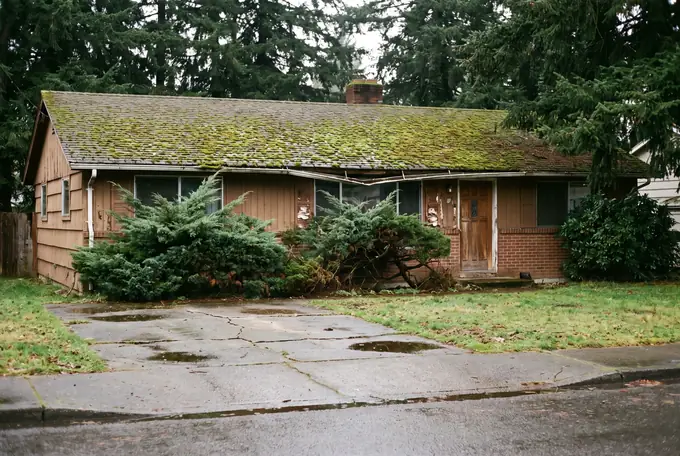 Illustration: a tired single-story rambler with a worn, mossy roof on an overcast day