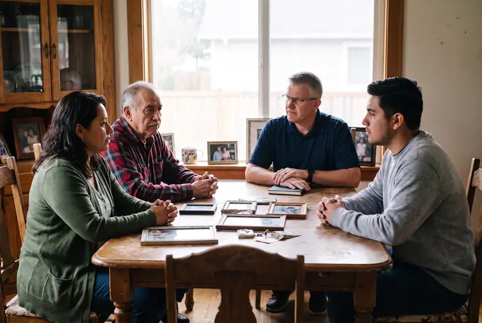 Illustration: a family sorting a parent's belongings at a dining table